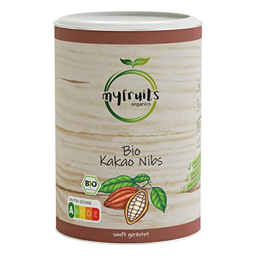 myfruits® Bio Kakao Nibs (Kakaonibs) - ohne Zusätze. Sanft geröstet für einen schokoladigeren Geschmack. DE-ÖKO-003. Zum Backen oder für Müsli (450g) Cover