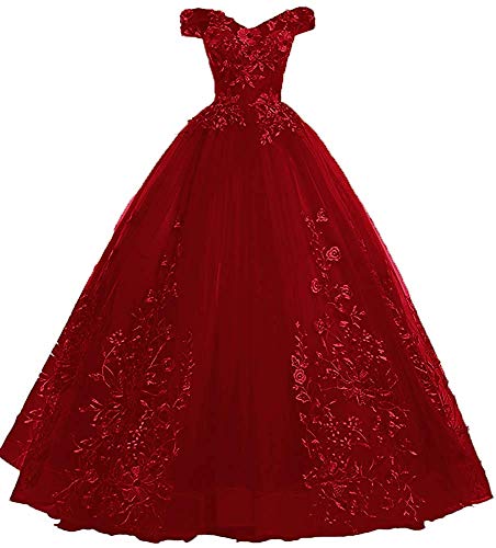 LEJY Women's Vintage Off The Shoulder Quinceanera Dresses Masquerade Prom Ball Gowns 2021 Burgundy 22