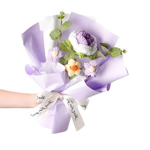EujRcf Crochet Flower Bouquet, Handmade Knitted Rose Bouquet, Versatile Ornament, Knitted Artificial Flowers for Girl, Women, Moms, Teachers, and Loved Ones (Purple)