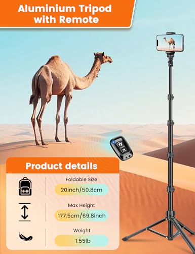 69" Cellphone Tripod Stand for Phone & Camera, Portable Tripod for iPhone with Remote Phone Holder, Phone Stand for Recording Photo, Selfie Stick Tripod for Smartphone, Compatible with iPhone/Android