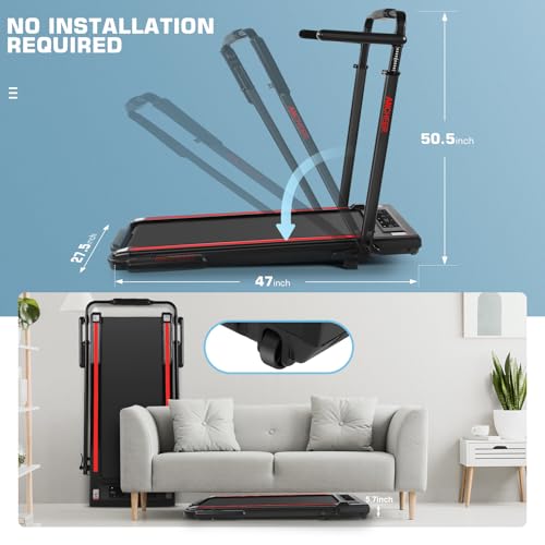 Image of Walking Pad Treadmill Adjustable Height, Under Desk Treadmills with Handle Bar and Incline, 300lbs Capacity Foldable Treadmill with Removable Desk Workstation, Installation-Free(Black red)
