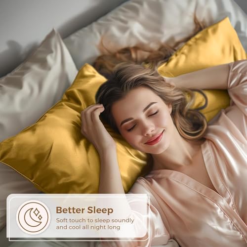 Image of Premium Satin Pillowcase Set of 2 with Eye Mask & 3 Scrunchies | Silky Soft, Anti-Frizz, Skin & Hair Care Sleep Set | Luxury Gift Combo for Women & Girls (Yellow)