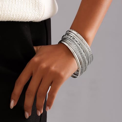 AYWFCBF Silver Bangle Bracelets for Women, 10 Pcs Boho Stackable Bangles Multi Layer Textured Chunky Bracelets Jewelry Set for Women by AYWFCBF - Used condition - Image 3