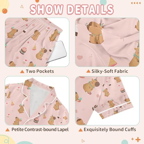 senya Birthday Cute Capybara A Satin Summer Pajama Sets Silk Short Sleeve Button Down Sleepwear3