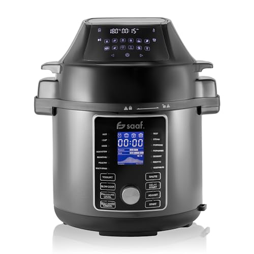 Saaf Multicooker con Airfryer – Set de 15 Piezas – 24 Programas – Slowcooker, Arrocera, Vaporizador & Olla a Presión – 6L – Incluye Cesta, Olla & Libro de Recetas – Pantalla Digital