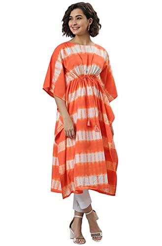 Image of Janasya Women's Orange Cotton Tie-Dye Kaftan Kurta