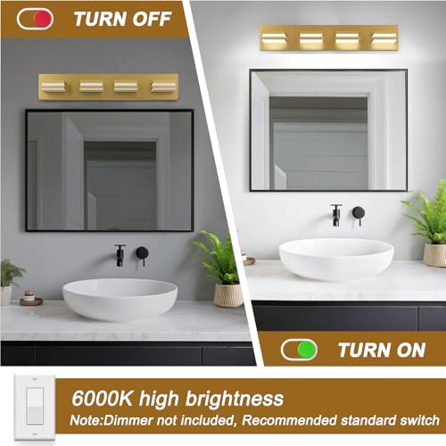 Image of IZORRO LED Modern Bathroom Lights Fixtures(4-Light,Dimmable,360Rotate),Brushed Glod Acrylic Wall Lighting,Vanity Lights for Bathroom Over Mirror - 6000k 24In (No Assembly Required)