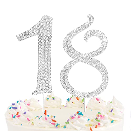 Number Cake Topper 18, Uniideco Silver Rhinestone Premium Metal Bling Bling Cake Decor, Sparkly Happy Birthday Wedding Anniversary Party Decoration Centerpiece #TOP5