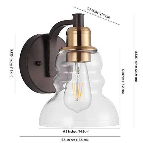 Image of JONATHAN Y 6.5 inch Brass Gold /Oil Rubbed Bronze Modern Industrial Rustic 1-Light LED Vanity Light with Clear Glass Shade, Vintage Wall Sconce for Bathroom Kitchen Hallway, LED Bulb Included JYL3544A