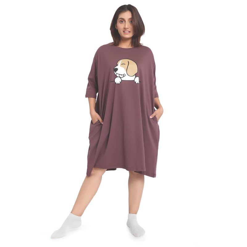 Image of LAMA STORE Women's Printed Oversized T-Shirt Dress, Cotton, 3 /4 Sleeve Length, Casual Loose Fit, Comfort Wear Extra Comfy Oversized Printed Pocket T-Shirt Dress