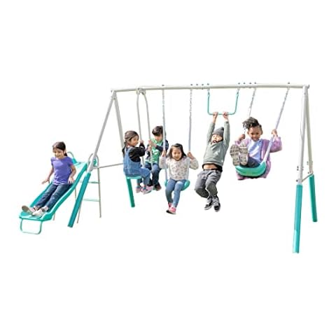 Sportspower MSC-4510-TL Arcadia Metal Swing Set with 5’ Slide, Trapeze, & 2-Person Glider Swing, Teal Cover
