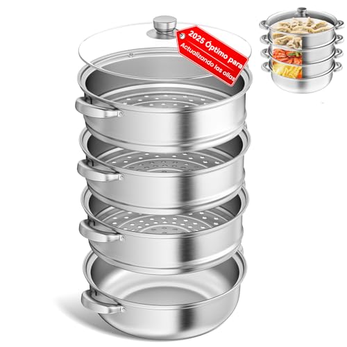 Vaporera de acero inoxidable de 28 cm con cesta vaporera, batería de cocina de 3/4/5 niveles con...