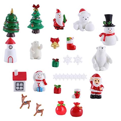 30pcs Christmas Miniature Ornaments Kit, Miniature Fairy Garden Christmas Accessories DIY Snow Globe Figurines, Resin Santa Snowman Reindeer Houses Micro Landscape Ornaments Xmas Party Decoration Cover