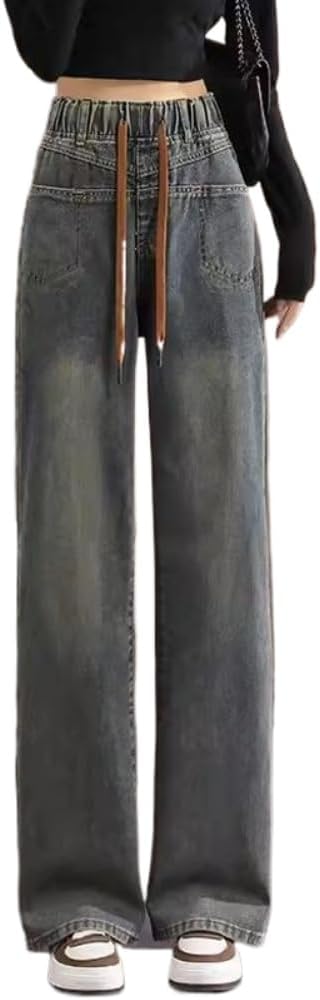 Cement grey8 Jeans for Women in Spring and Autumn Years Elastic Waist Large Size Straight Floor Pants