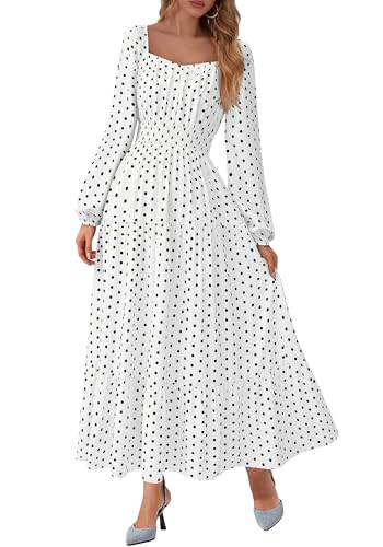 BTFBM Fall Dresses for Women 2025 Long Sleeve Boho Floral Empire Waist Square Neck Casual Flowy Wedding Guest Maxi Dress(Polka Dot White Black, XX-Large)