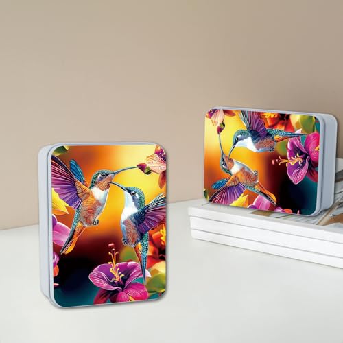 Image of Metal Tin Box with Lid for Game Cards Home Organizer Candles Keys Crafts Storage - Equipped with 4 Magnetic Cord Clips,Hummingbirds and flowers