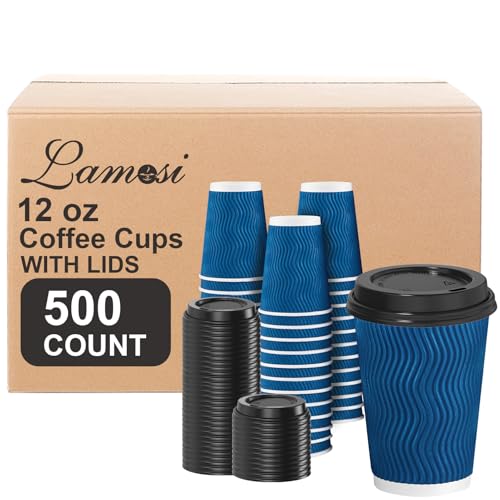 Lamosi Disposable Coffee Cups with Lids 12 OZ 500 Pack, Insulated Paper Corrugated Ripple Wall To Go Cup for Hot Beverages - Blue by Lamosi - Used condition - US$53.74