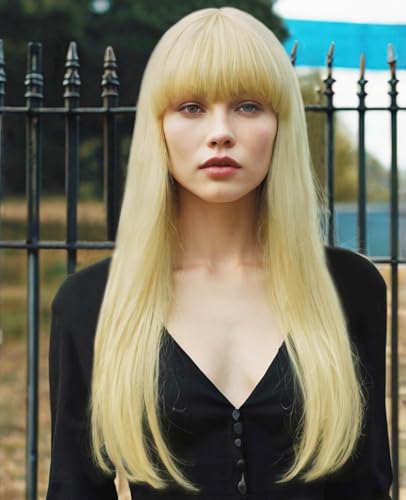 MaxlaceWig Long Blonde Wig with Bangs for Women, 28 Inch Synthetic Straight Blonde Wig for Girls Natural Looking Guleless Heat Resistant Fiber Wig for Daily Party Use Blonde Colorful Cosplay Wig
