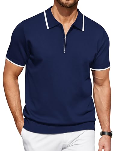 COOFANDY Herren-Poloshirt mit Reißverschluss, lässig, gestrickt, kurzärmelig, Polo-T-Shirt, klassische Passform, Shirts, Marineblau, L