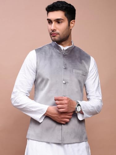 Image of SHOWOFFFF Men Solid Ethnic Nehru Jacket | Mandarin Collar Sleeveless Suede NehruJacket for Mens | Slim Fit Regular Length NehruJackets for Men's