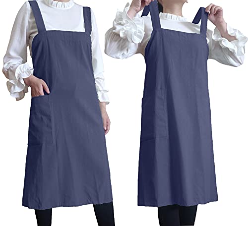 Losofar Women Girls Vintage Pinafore Square Apron Baking Cooking Gardening Works Cross Back Cotton/Linen Blend Aprons Pinafore Dress (Navy, L) #TOP4