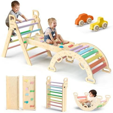 BlueWood Pikler Triangle Set 7in1 Foldable Baby Climbing Toys Wooden Montessori Climbing...
