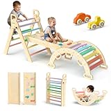 BlueWood Pikler Triangle Set 7in1 Foldable Baby Climbing Toys Wooden Montessori Climbing Set with Arch&Ramp&Ladder Baby Climber Indoor Jungle Gyms for Toddlers Montessori Toys- Rainbow