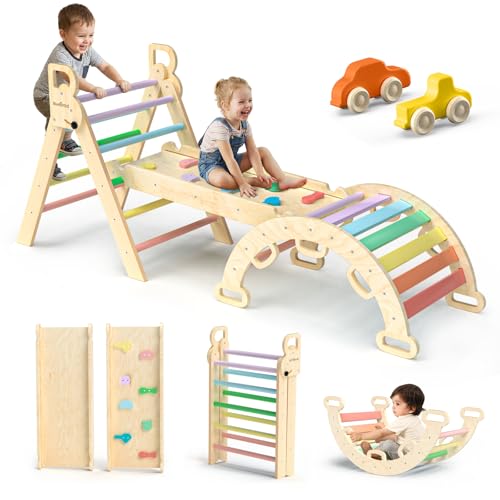 BlueWood Pikler Triangle Set 7in1 Foldable Baby Climbing Toys Wooden Montessori Climbing Set with Arch&Ramp&Ladder Baby Climber Indoor Jungle Gyms for Toddlers Montessori Toys- Rainbow