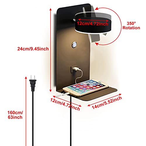 Image of LED Plug in Wall Lamps with USB Charging Port for Bedside, 8W Black Sconces Lights with Shelf Switch Cord 3-Ways Brightness Fixtures for Living Room, Bedroom Illumination for Reading