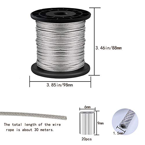 NACTECH Alambre para Colgar Cuadros de Acero Inoxidable 1.5mm Cable Acero Trenzado con 20pcs Manguito de Aluminio Alambre Revestida con Vinilo para Colgar Marco de Imagen Suspensión, 30m