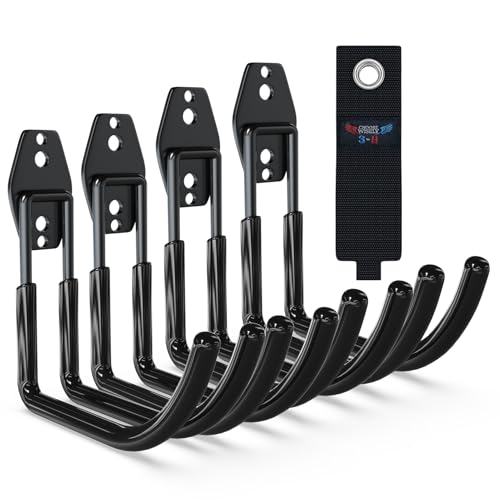 3-H Ganchos de Garaje Resistentes en J, Paquete de 4 Ganchos de Almacenamiento de Garaje de Acero, Soporte de Pared y Organizador de Herramientas, Cuerdas, Cables(negro)