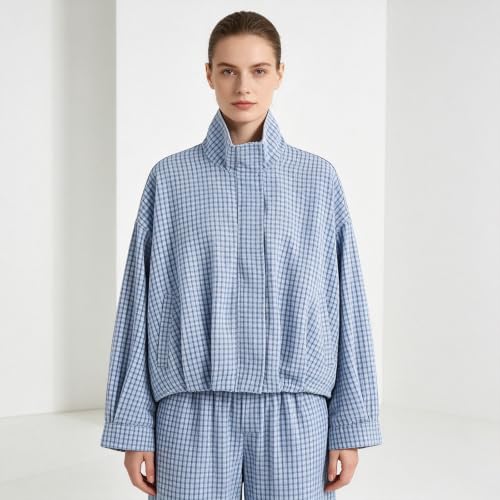 Plaid Bomber Jacket Women Oversized Cropped Funnel Neck Gingham Jacket - image 2