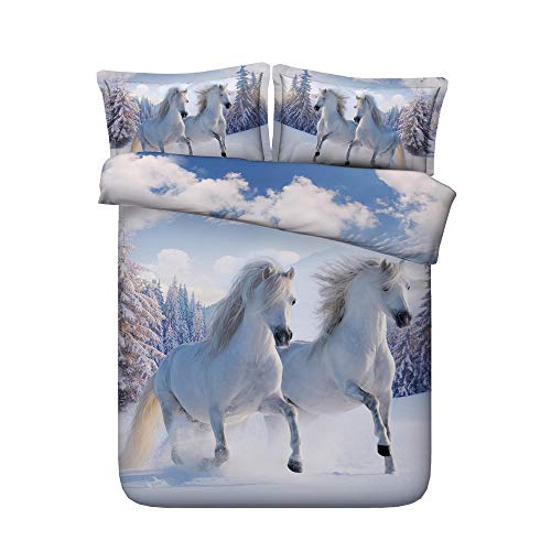 Sticker superb Blanc Noir Cheval Courant Parures de Lit pour 2 Personnes, 3 Pièces Hiver Automne Housse de Couette avec 2 x Taie d'oreiller (Cheval Courant 5, 220x240cm)