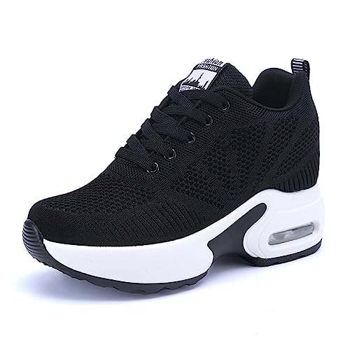 JAOOUU Damen Sneaker mit Keilabsatz 8cm Bequeme Wedge Sportschuhe Atmungsaktive Mesh Laufschuhe Leichte Freizeit Turnschuhe für Damen Schwarz 37 EU