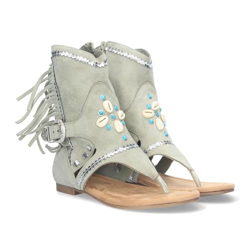 shoes&blues.es 80219-Sandalia Plana para Mujer, Tipo Esclava, con Flecos, Detalles Metalicos, Hebilla Ajustable y Adornos, Cierre de Cremallera.. Talla 40 Verde