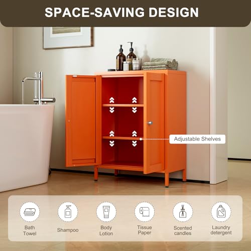Image of Bevivog Orange Metal Locker Cabinet with 2 Doors and 2 Adjustable Shelves, Small Accent Cabinet Bathroom Floor Storage Cabinets Short Sideboard for Entryway, Living Room, Hallway