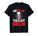 Der tut nix der will nur grillen T-Shirt mit coolem Totenkopf Design Scull für Köche und Griller mit Kochmesser & Kugelgrill. Das perfekte Geschenk zu Weihnachten oder zum Geburtstag für Griller und Grillmeister, die gerne Fleisch, Steak und Filet grillen.