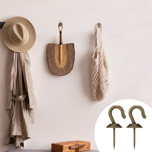 Image of Hotop 30 Pieces Push Pin Wall Hooks Metal Thumb Tack Hangers Iron Alloy Nail Decorative Picture Hooks for 20 Lbs Home Office School Party Supply (Bronze)