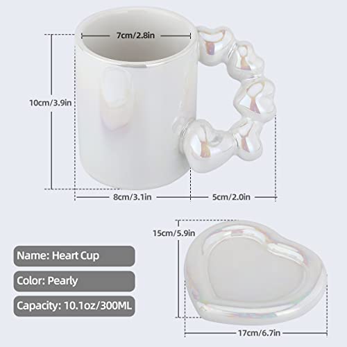 Fseoot Ceramic Coffee Mug With Saucer Set, 10.1 Oz/300 Ml Cute Creative Electroplated Cup With Gourd Handle Love Heart Shape Design For Office And Home (Pearly) #TOP6