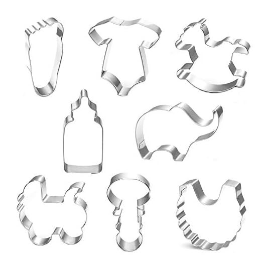 KAISHANE Juego de Cortadores de Galletas de Fiesta Infantil Moldes para Galletas - 8 Piezas - Onesies, Bib, Sonajero, Biberón, Huella, Cochecito de Bebé, Caballo Mecedor y Elefante - Acero Inoxidable