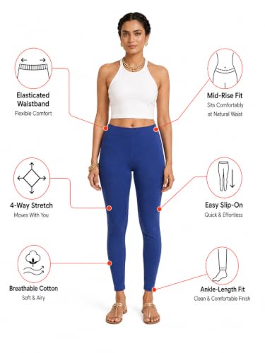 Image of Women's Cotton Lycra Ankle Length Leggings | Regular Rise, Soft 4 Way Stretch Fabric | Casual & Ethnic Wear