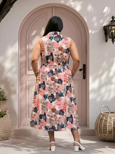 Image of Indietoga Women Plus Size Floral Print Cotton Midi A-line Dress (XL to 7XL)