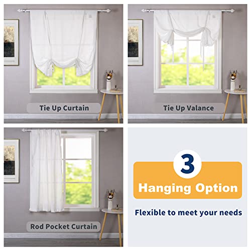 Driftaway Solid Color Faux Linen Slub Sheer Voile Tie Up Decorative Linen Curtains Adjustable Balloon Rod Pocket Window Curtains For Small Window 25 Inch By 47 Inch White #TOP2