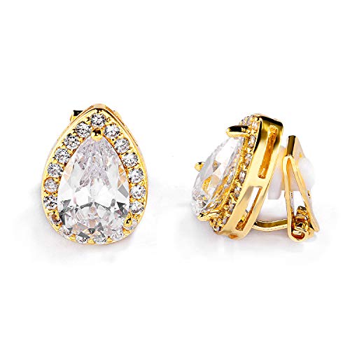 Bridal Teardrop Earrings Cubic Zirconias Wedding Stud Earring Clip On for Bride Bridesmaid (gold)