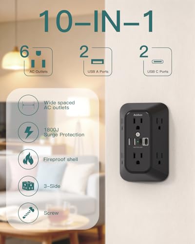 Image of Addtam 6-Outlet Extender Surge Protector, Multi Plug Wall Outlet with 4 USB Wall Charger(PD 30W), Plug Extension Outlet with 1800J, Outlet Splitter Power Strip for Home Office, Black