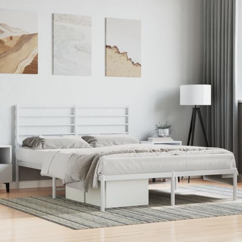 Keyroto Cama de matrimonio de hierro forjado con estructura de cama de matrimonio de hierro forjado con cabecero de metal blanco 160 x 200 cm