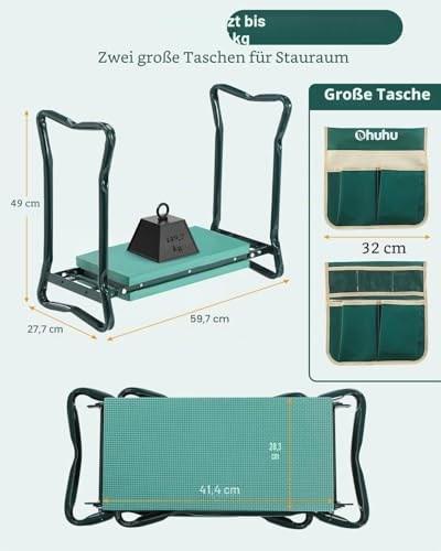 Ohuhu Garten Kniebank Gartenhocker Kniebank mit verdicken & verbreitern Eva-Schaumkissen und 2 Werkzeugtaschen, Upgraded faltbar Garten Hocker kniend Bank, Wahl für Eltern, Senioren