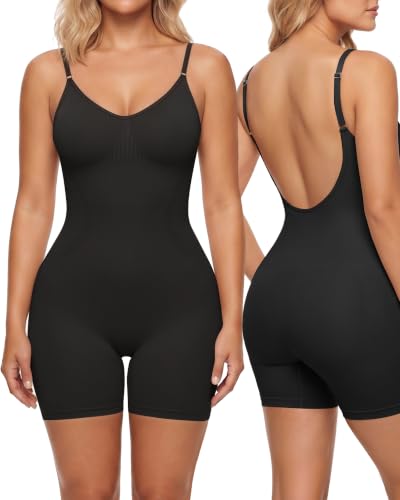 AOSIMANNA Backless Shapewear Bodysuit for Women, Tummy Control Low Back Body Shaper Shorts, U-Shaped Backless Design, Seamless Invisible Under Dresses, Black, M