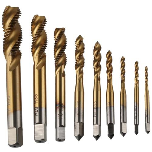 AllGIFT Screw Tap Set 9pcs M2 M2.5 M3 M4 M5 M6 M8 M10 M12 Drilling Tools Gold Tap Drill Bit Hand Tools HSS6542 Drill Taps Screw Machine