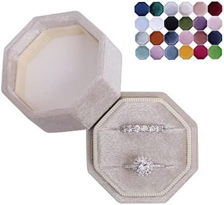 BLUTETE Velvet 2 Slots Jewelry Ring Box Engagement Wedding Box Keepsake Box Bridal Photo Ring Double Slots Octagon (Champagne)